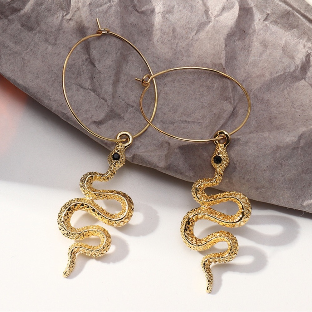 Exotic Gold Hanging Snake Hoop Earrings! - Picture 7 of 8